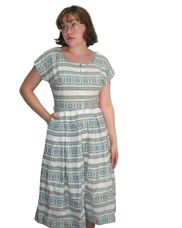 Batwing sleeve dresses for women50s Maxan Grn/Purp Pattern Cotton Zip Dress   w27