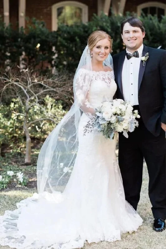 Velvet dresses for womenRoycebridal Ivory Lace Mermaid Off-the-Shoulder Long Sleeves Wedding Dresses, MW768