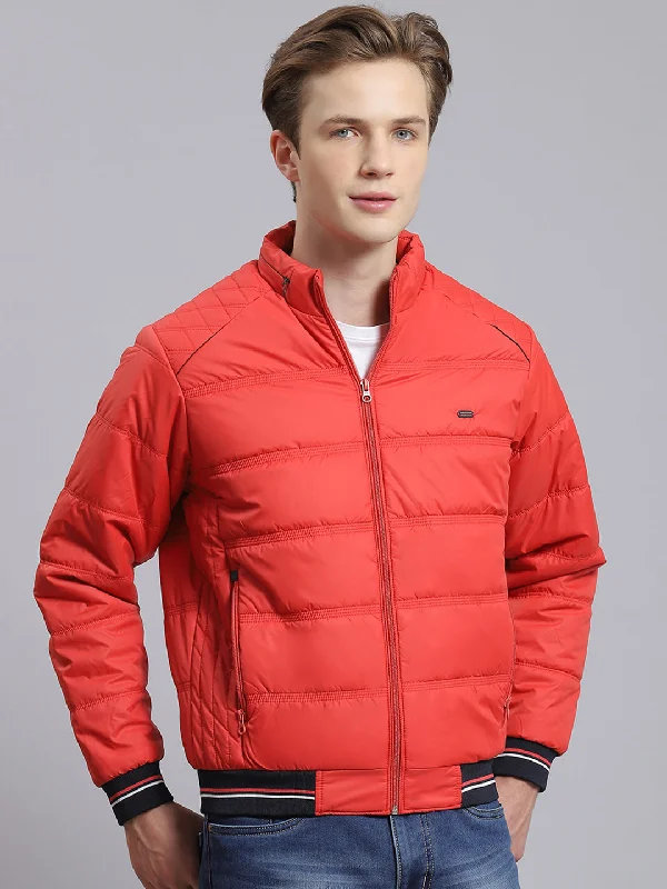 men's down-filled duffel coatsMen Red Solid Stand Collar Full Sleeve Jacket