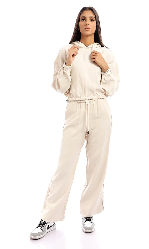 Breathable women's tops96201 Elastic Trim Polyester Hoodie - Light Beige