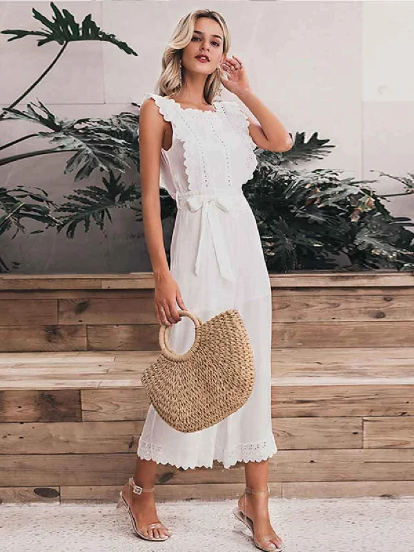 Striped dresses for womenLana Cotton Linen Ruffle Embroidered Dress - White