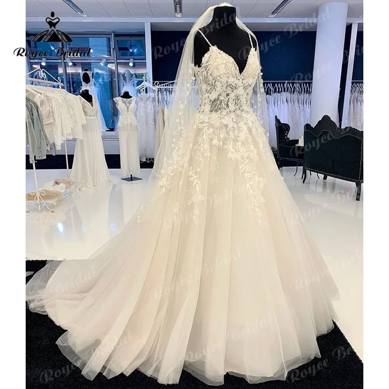 Low-cut dresses for womenRoycebridal Luxury Floral Lace Appliques Wedding Gowns Women 2025 Abito Sposa Elegant Bridal Boho Wedding Dresses Beading Spaghetti Straps