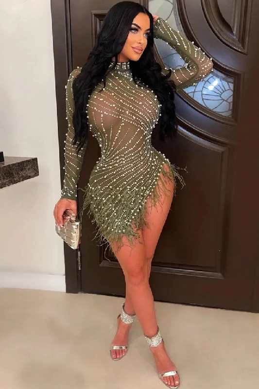 Gym wear dresses for athletic activitiesSparkly Crystal High Neck Sheer Mesh Bodycon Feather Party Mini Dress - Green