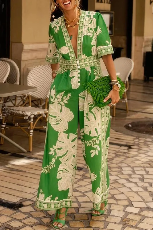 Festive women's dresses for holidaysCasual Vintage National Totem Print Pocket V Neck Loose Jumpsuits