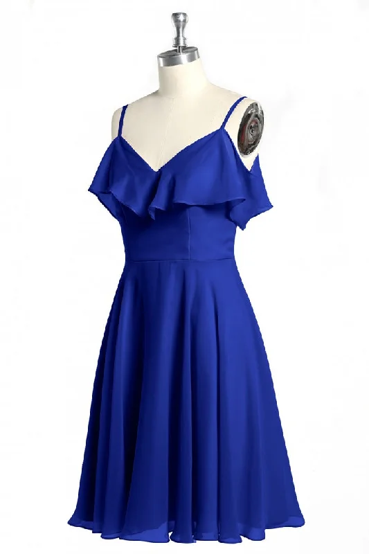 Patterned dresses for womenRoyal Blue Spaghetti Straps Ruffled A-Line Short Bridesmaid Dress
