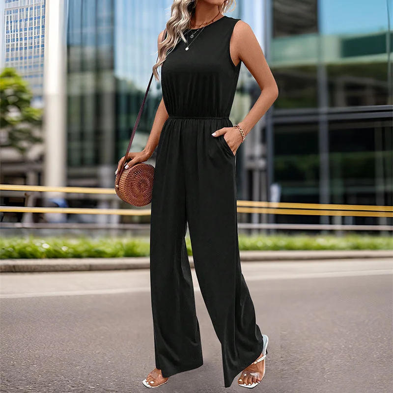 Linen women's trousersIKEARLAX 2025  women's clothing sleeveless simple commuter jumpsuit high-waisted elastic-waisted jumpsuit straight-leg trousers