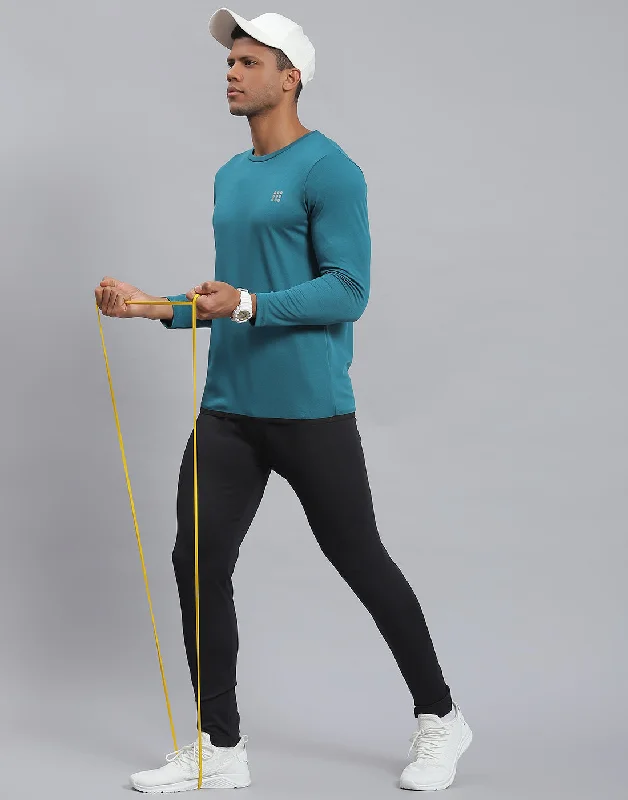 men's sports jerseysMen Teal Blue Solid Round Neck Full Sleeve Active T-Shirt
