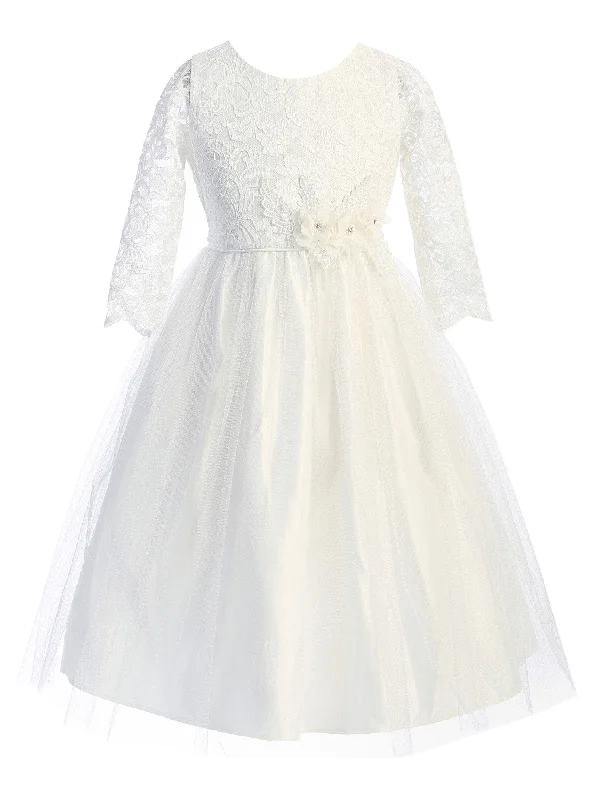 Sweetheart neckline dresses for womenBig Girls Off White Floral Patch Waist Lace Junior Bridesmaid Dress 7-16
