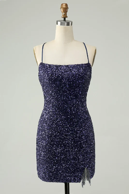 Little black dresses (LBDs) for womenSparkly Navy Bodycon Spaghetti Straps Backless Short Homecoming Dress with Sequins