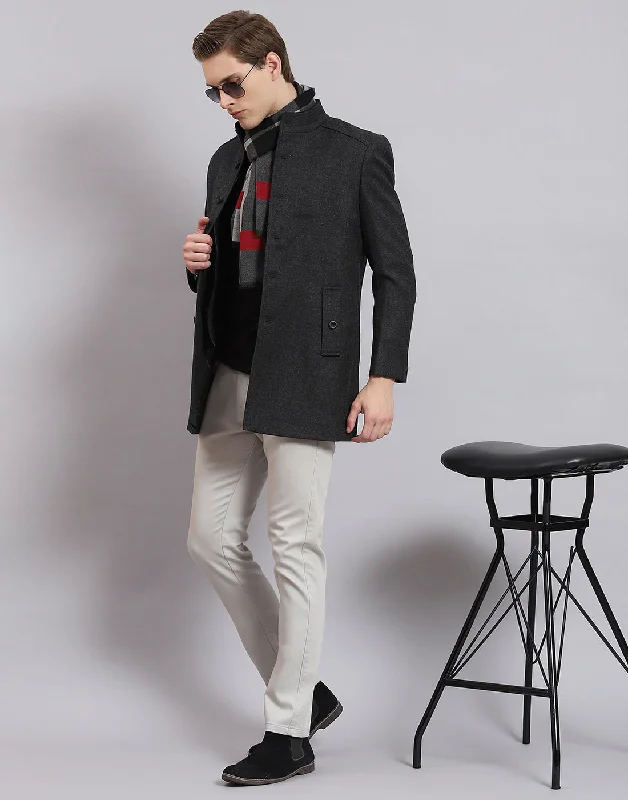 men's sports jackets with slim sleevesMen Grey Solid Stand Collar Full Sleeve Coat