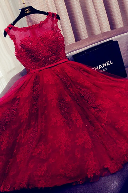 Cap sleeve dresses for womenCharming Red A-Line Lace Short Sleeveless Homecoming Dresses OKD9