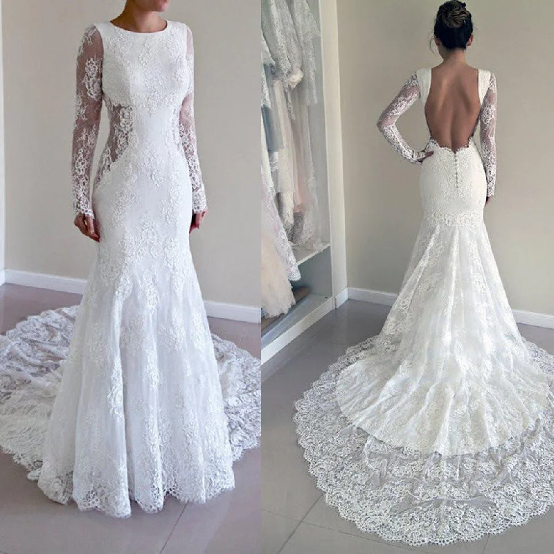 Fit-and-flare dresses for womenLong Sleeve Lace Backless Mermaid Wedding Dresses,  2017 Long Custom Wedding Gowns, Affordable Bridal Dresses, 17116