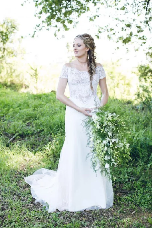 Cotton dresses for everyday wearRoycebridal White Off Shoulder Open Back Trumpet Lace Up Appliques Wedding Dresses, MW198