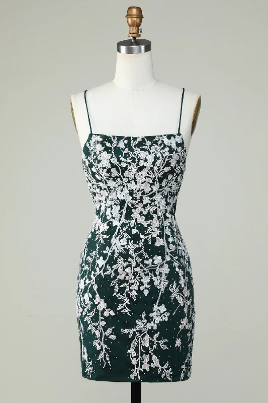 Smock dresses for womenDark Green Bodycon Spaghetti Straps Homecoming Dress With Appliques
