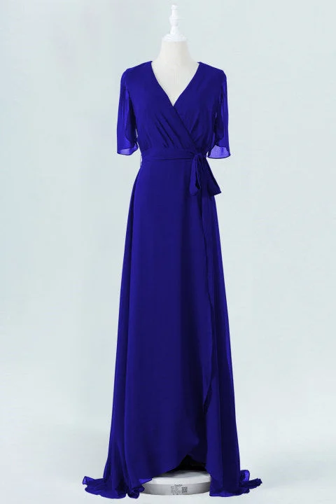 Long-sleeved dresses for womenRoyal Blue Chiffon Wrap Long Bridesmaid Dress