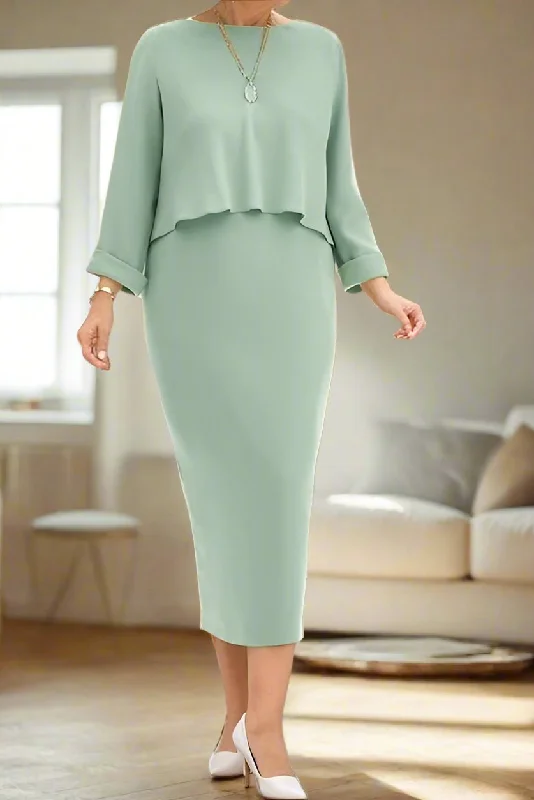 Polka dot dresses for womenCeladon Sheath Tea Length 3/4 Length Sleeves Mother of the Bride Dress