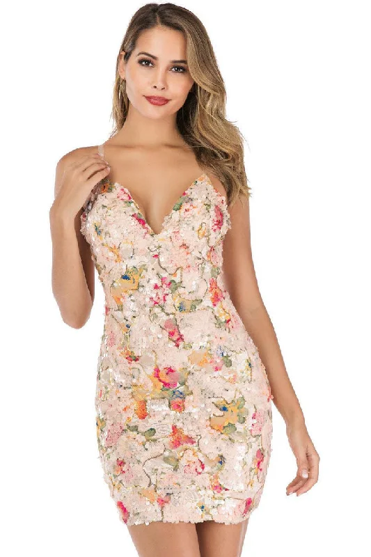 Party dresses for womenSexy V Neck Spaghetti Strap Sleeveless Floral Sequin Party Mini Dress - Floral