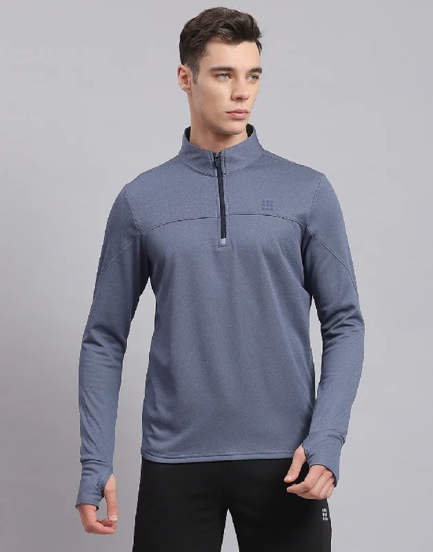 men's cotton sports shirtsMen Blue Solid Stand Collar Full Sleeve Sweatshirt