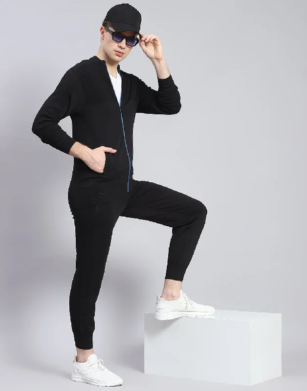 men's long-sleeved sports shirtsMen Black Self Design Stand Collar Full Sleeve Tracksuit