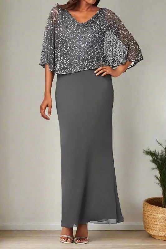 Shift dresses for womenSparkly V-neck Chiffon Ankle Length Mother of the Bride Dress