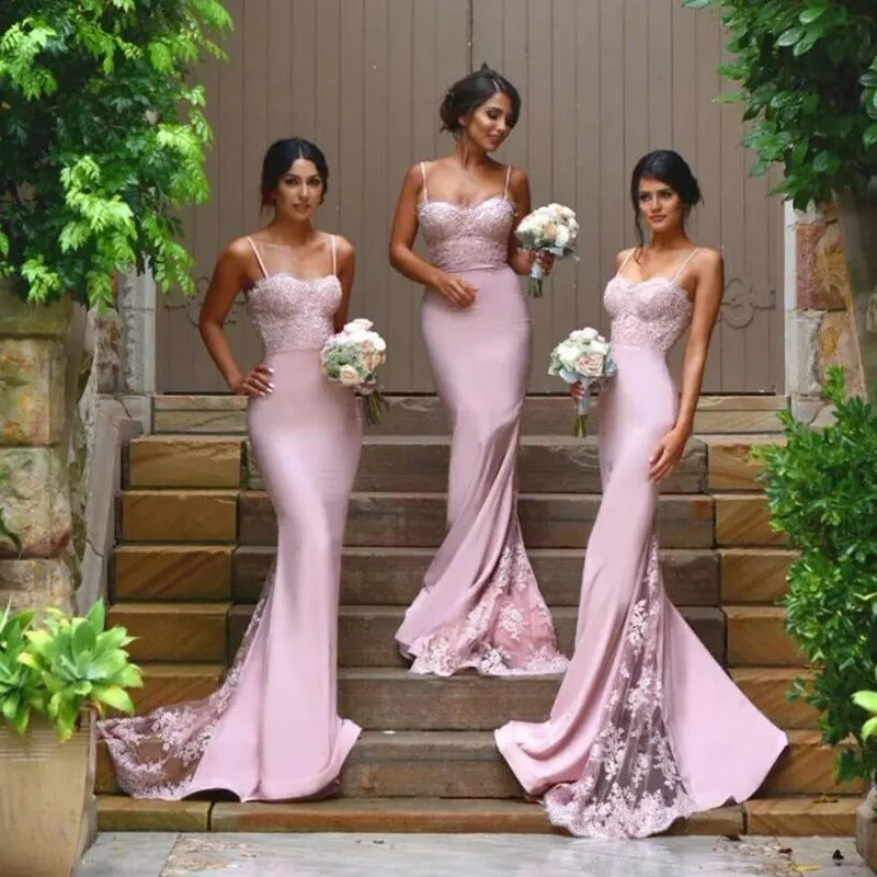 Godet dresses for womenChic Pink Lace  Bridesmaid Dresses Long Mermaid  Spaghetti Straps Backless Maid of the Honor Wedding Party Dresses Custom Made LP623