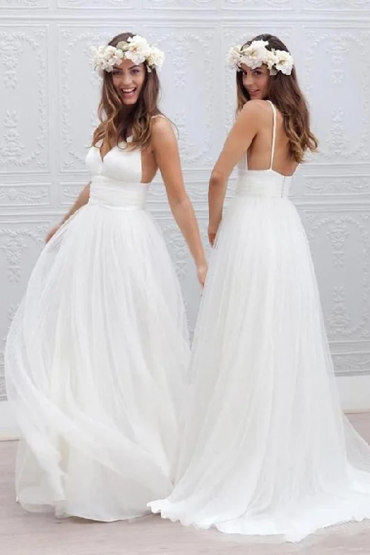 Patterned dresses for womenRoycebridal White Tulle V neck Spaghetti Straps Backless Simple Beach Wedding Dresses, MW188
