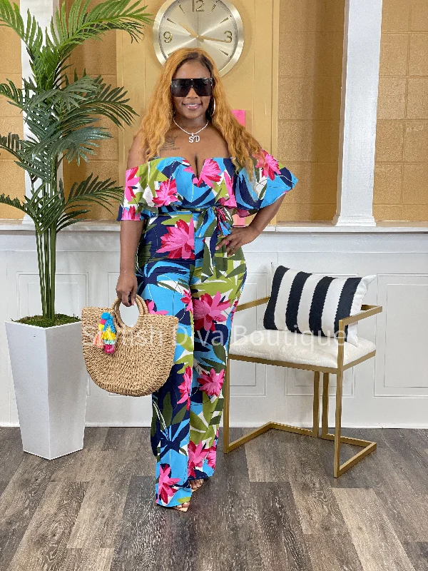 Vintage women's skirtsTropical Desire Jumpsuit (Blue/Pink Multi)