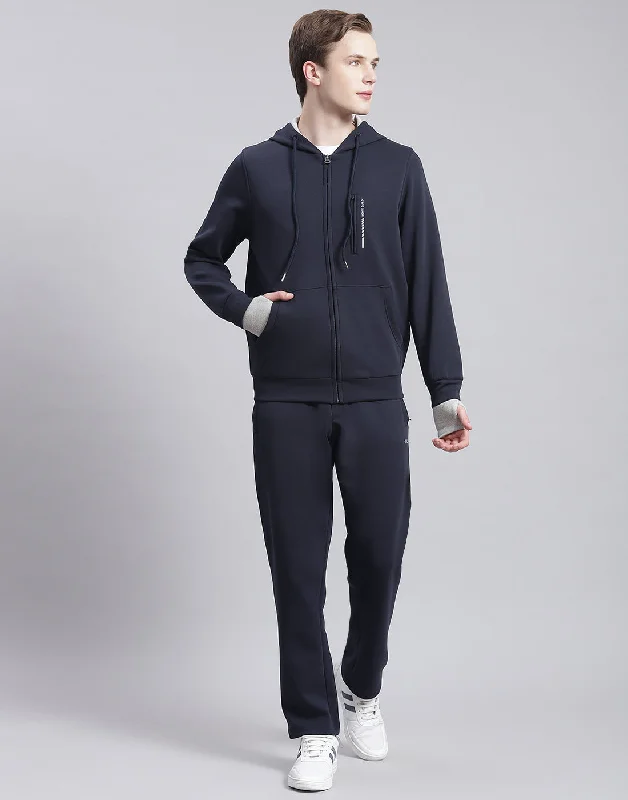 men's sports shirts with hoodsMen Navy Blue Solid Hooded Full Sleeve Tracksuit