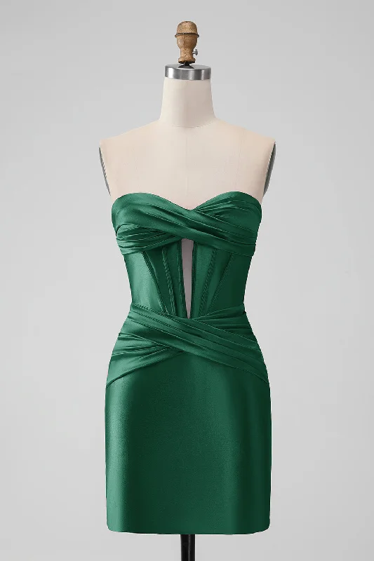 Solid color dresses for womenDark Green Bodycon Sweetheart Pleated Corset Short Homecoming Dress