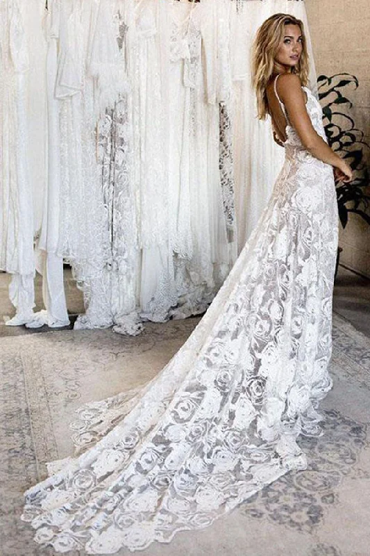 Corduroy dresses for womenRoycebridal Ivory A-line V-neck Lace Backless Spaghetti Straps Beach Wedding Dresses, MW667