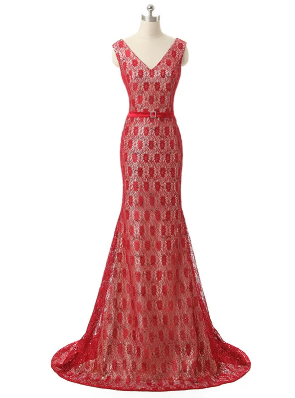 Loose-fitting dresses for womenMermaid V Neck Floor Length Red Lace Mother Of The Bride Dresses