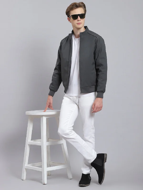 men's relaxed-fit sports jacketsMen Grey Solid Stand Collar Full Sleeve Jacket