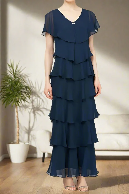 High-slit dresses for womenAnkle Length V Neck Layers Chiffon Short Sleeve Mother of the Bride Dress