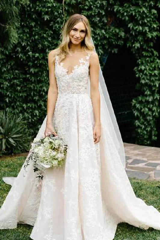 One-shoulder dresses for womenSee Through Vintage Lace Illusion Neck Wedding Gowns,MW278
