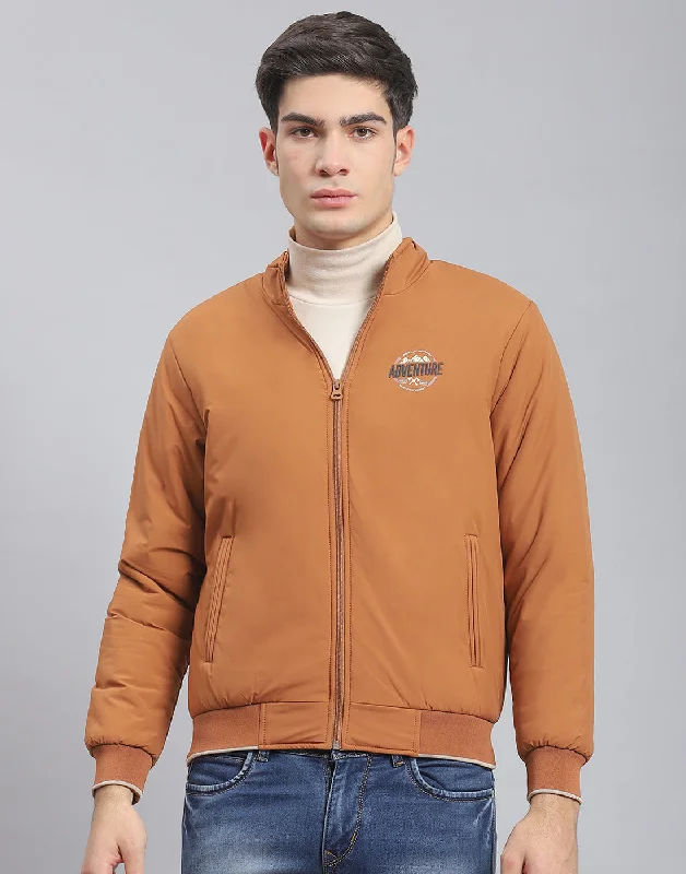 men's car coatsMen Brown Solid Stand Collar Full Sleeve Jacket