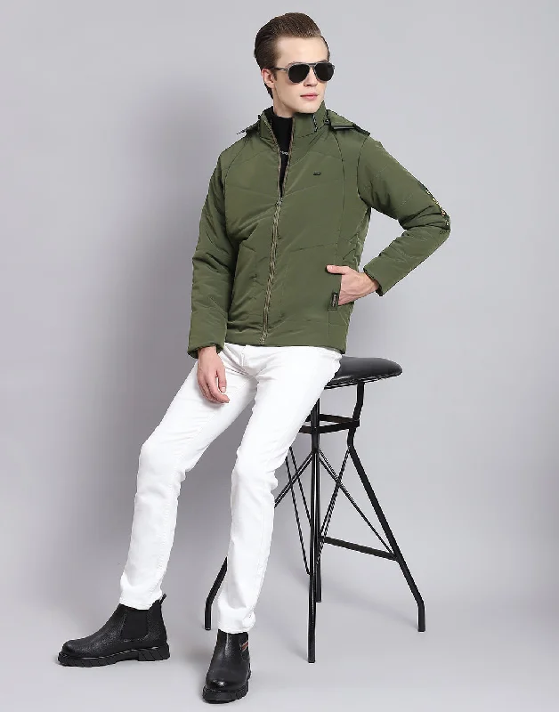 men's velvet Norfolk jacketsMen Olive Solid Hooded Full Sleeve Jacket