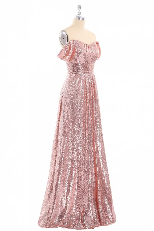 Strapless dresses for womenRose Gold Sequin Off-the-Shoulder A-Line Long Bridesmaid Dress