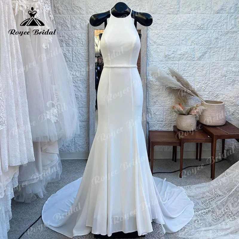 Mother-of-the-bride dressesRoycebridal vestido Simple Boho Wedding Dress Halter Open Back Mermaid/Trumpet Sweep Train Robe Mariage Civil Boho Women Lace Bridal Gowns