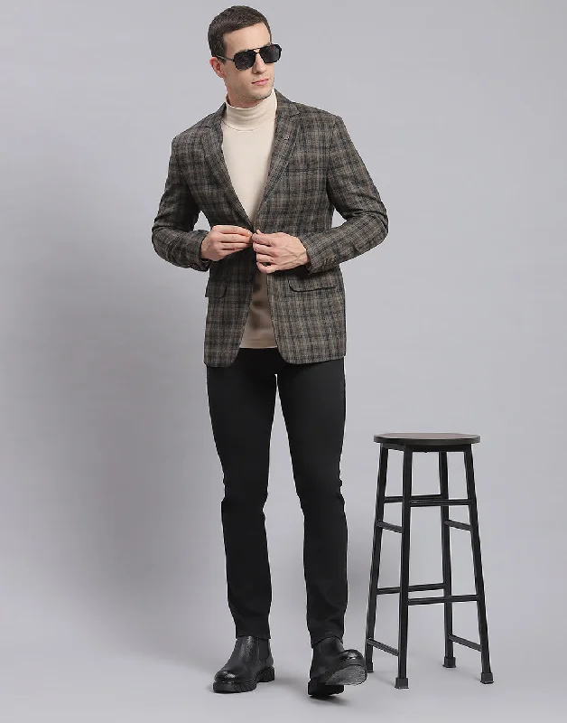 men's casual sports jacketsMen Brown Check Lapel Collar Full Sleeve Coat