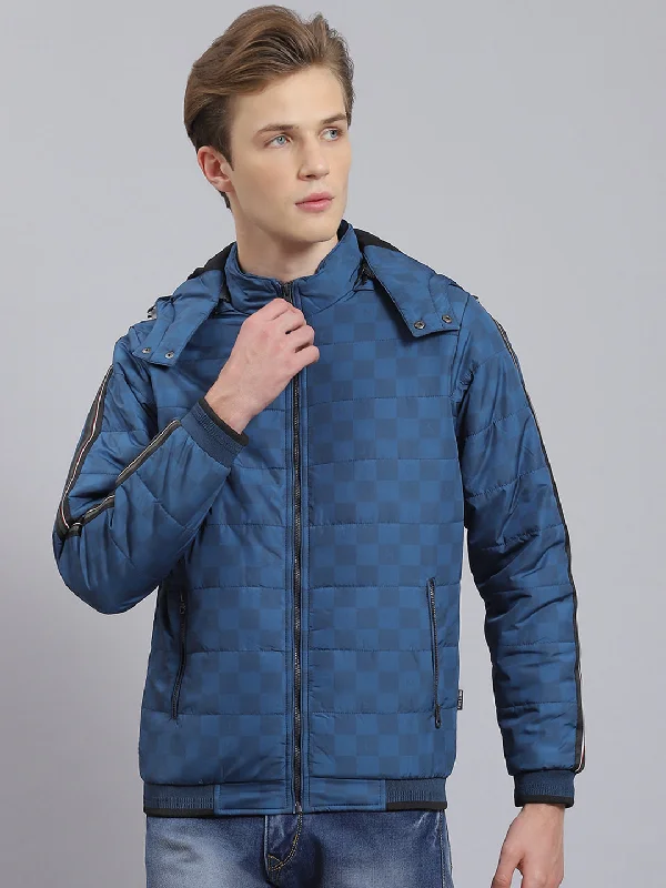 men's duffel coatsMen Blue Solid Hooded Full Sleeve Jacket
