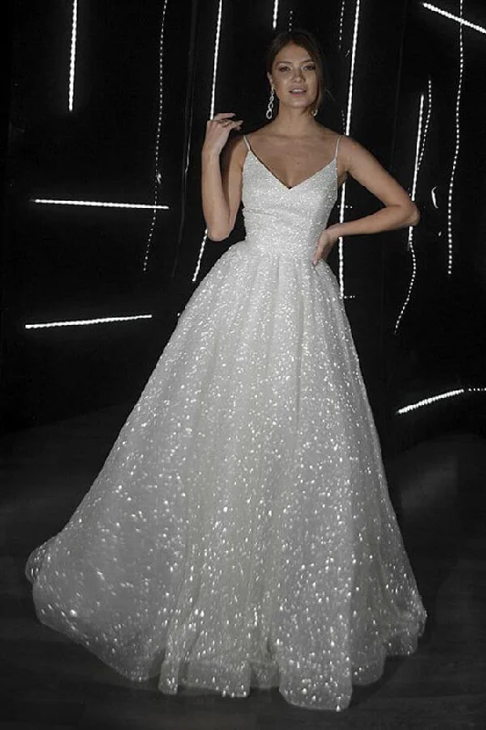 Maxi dresses for womenRoycebridal Sparkly A-line V-neck Spaghetti Straps Wedding Dresses, Bridal Gowns, MW688