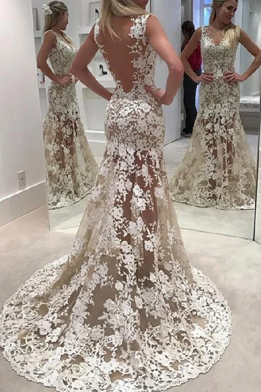 Denim dresses for womenRoycebridal Sheer Lace Up Open Back Sweep Train Wedding Dresses With Appliques, MW201