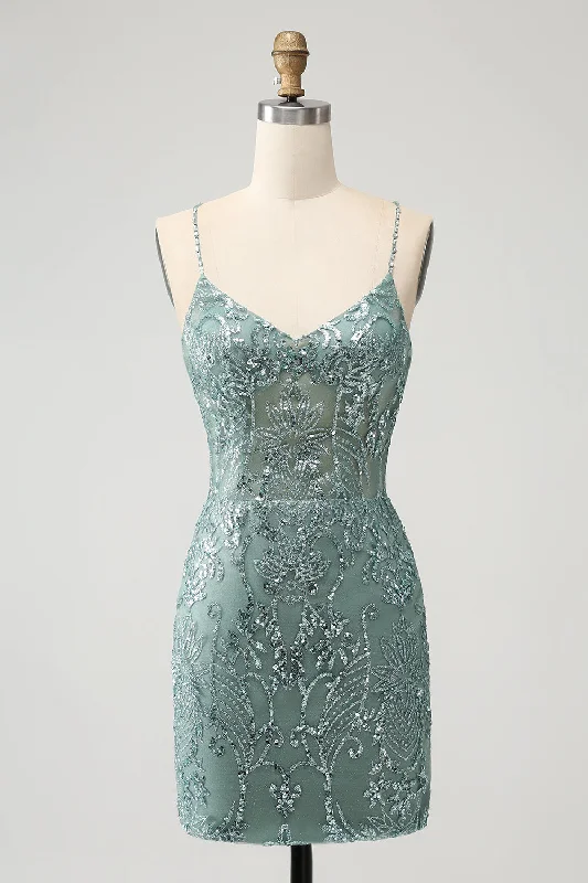 Batwing sleeve dresses for womenGreen Bodycon Beaded Backless Short Homecoming Dress with Criss Cross Back