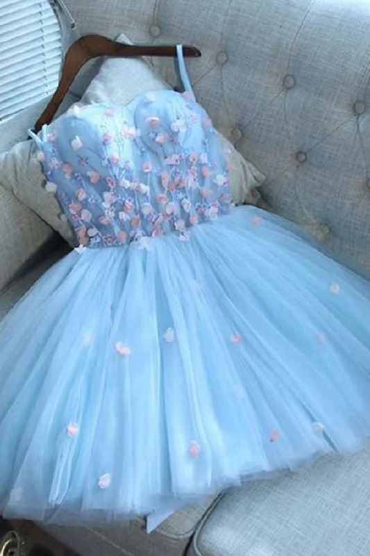 Cold-shoulder dresses for womenA Line Sweetheart Short Blue Tulle Homecoming Dress with Appliques OKD12