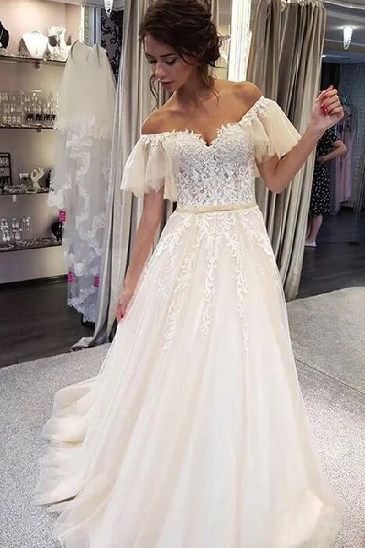 Statement dresses for making a fashion statementRoycebridal Elegant A-line Off the Shoulder Lace Wedding Dresses,Ruffled Sleeves Wedding Dresses,MW479