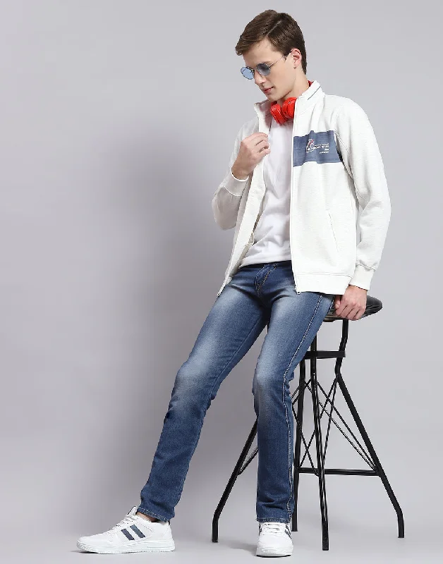 men's sports shirts with embroidered logosMen Off White Solid Stand Collar Full Sleeve Sweatshirt