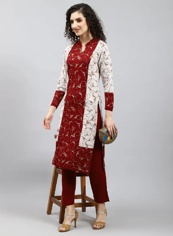 High-waisted women's jeansWomen Red Self Design Kurti+Lower Set for Winter