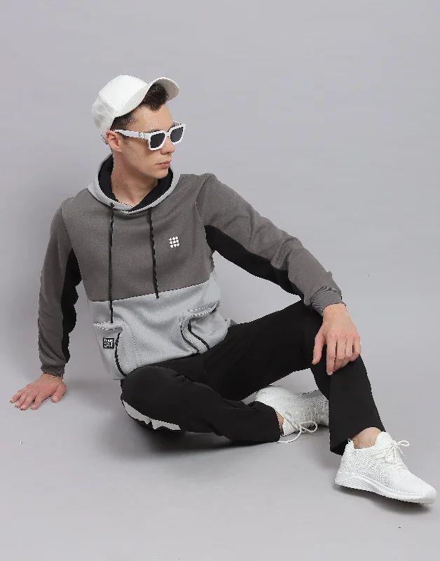 men's climbing shirtsMen Grey Solid Hooded Full Sleeve Sweatshirt