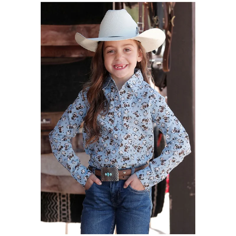 Earth-tone women's topsCTW3380002 Cruel Girl Girls' Long Sleeve Shirt - Light Blue with Cow Print
