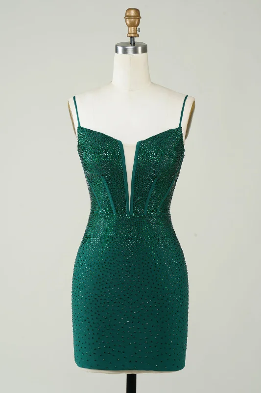 Linen dresses for summerDark Green Bodycon Spaghetti Straps Short Homecoming Dress with Beading